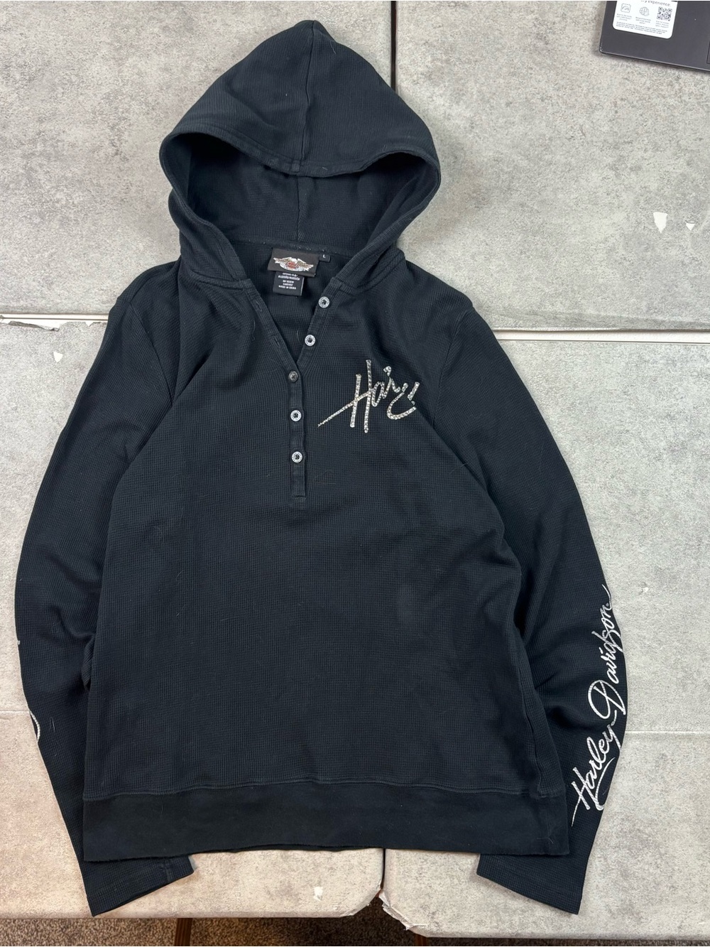 Harley Davidson Womens Thermal Hoodie Black Rhinestone Henley Waffle Knit Large